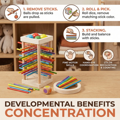 Educational 3-in-1 wooden ball and stick dexterity game