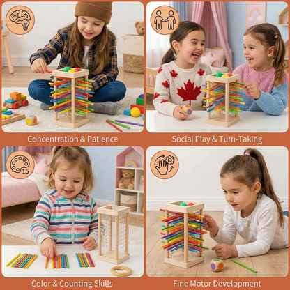 Educational 3-in-1 wooden ball and stick dexterity game