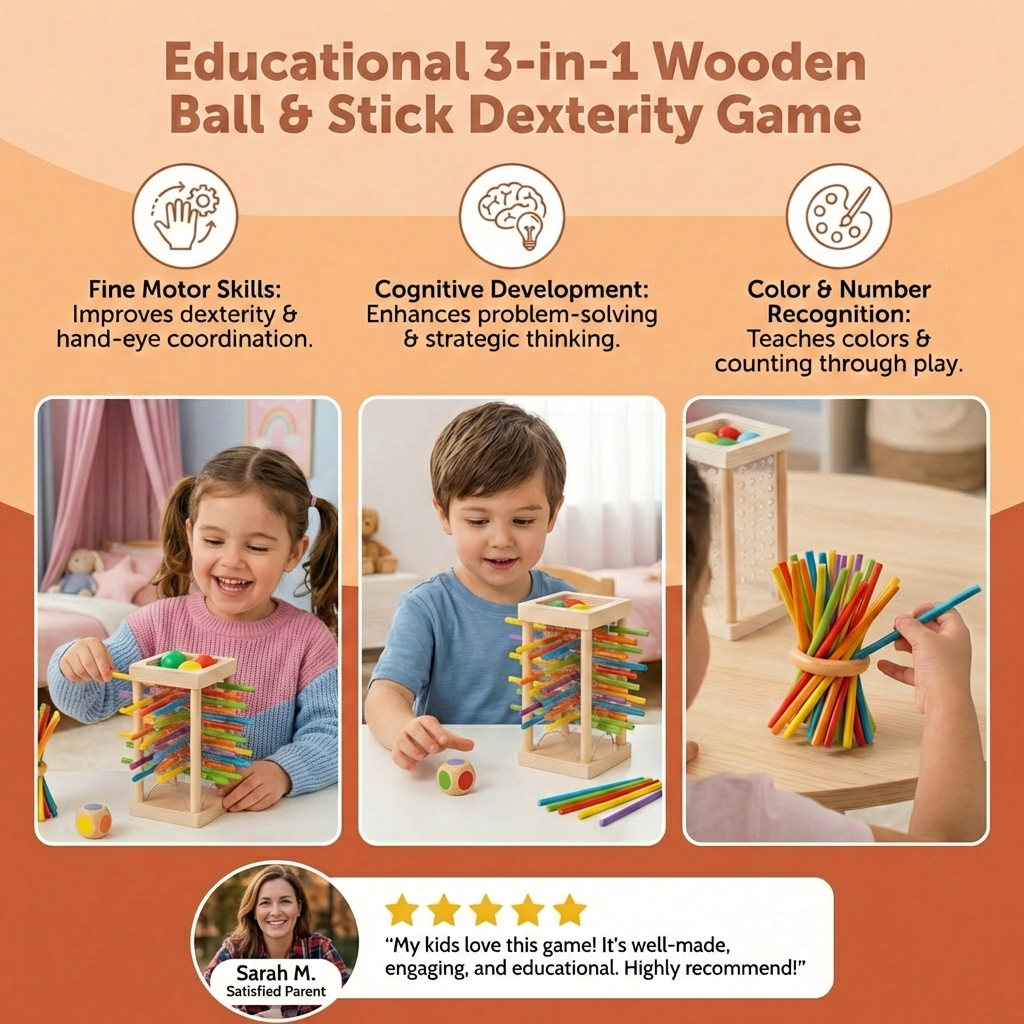Educational 3-in-1 wooden ball and stick dexterity game