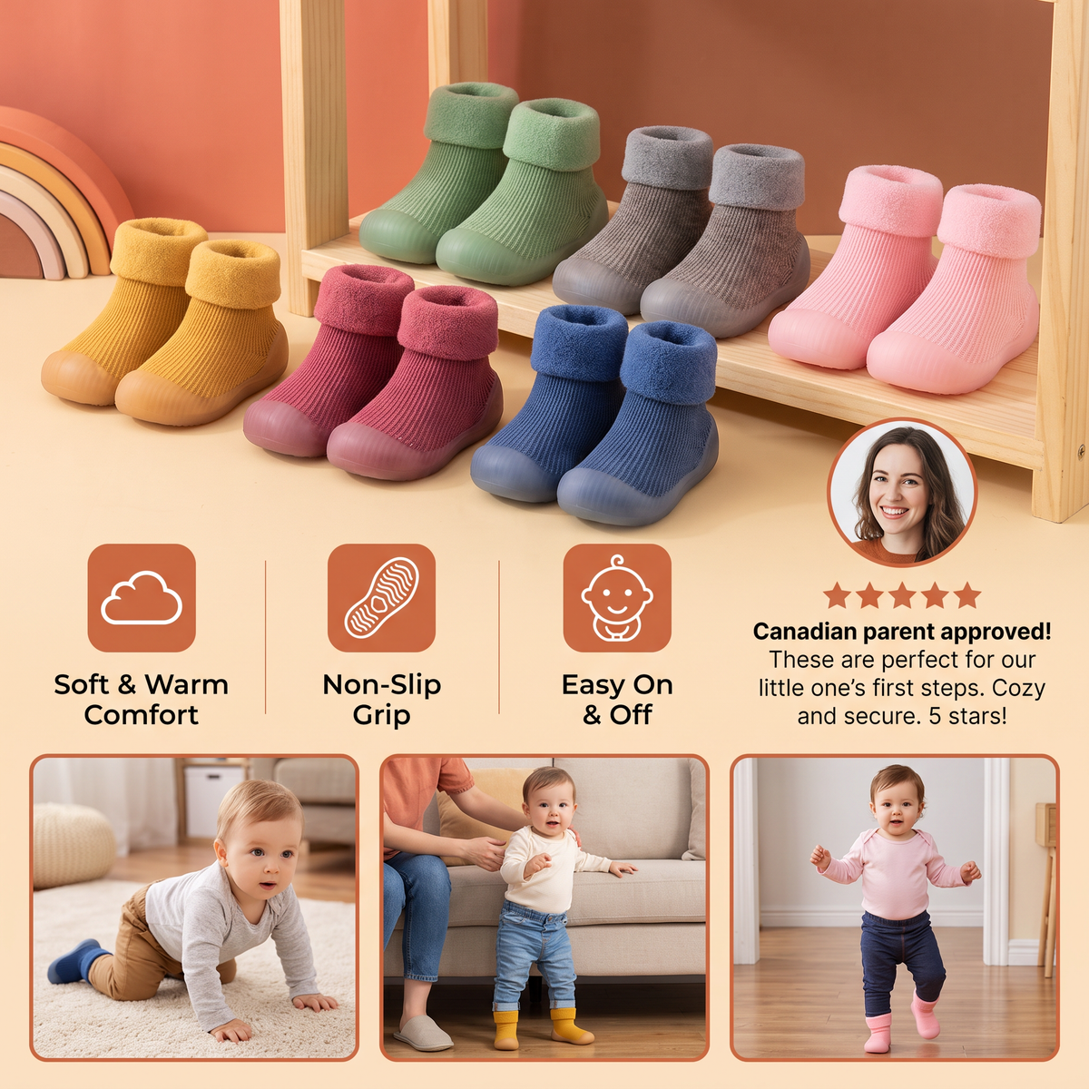 Warm Baby Walking Sock Shoes with Soft Non-Slip Soles