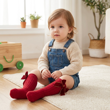 Baby Girls’ Christmas Knee-High Socks with Velvet Bows