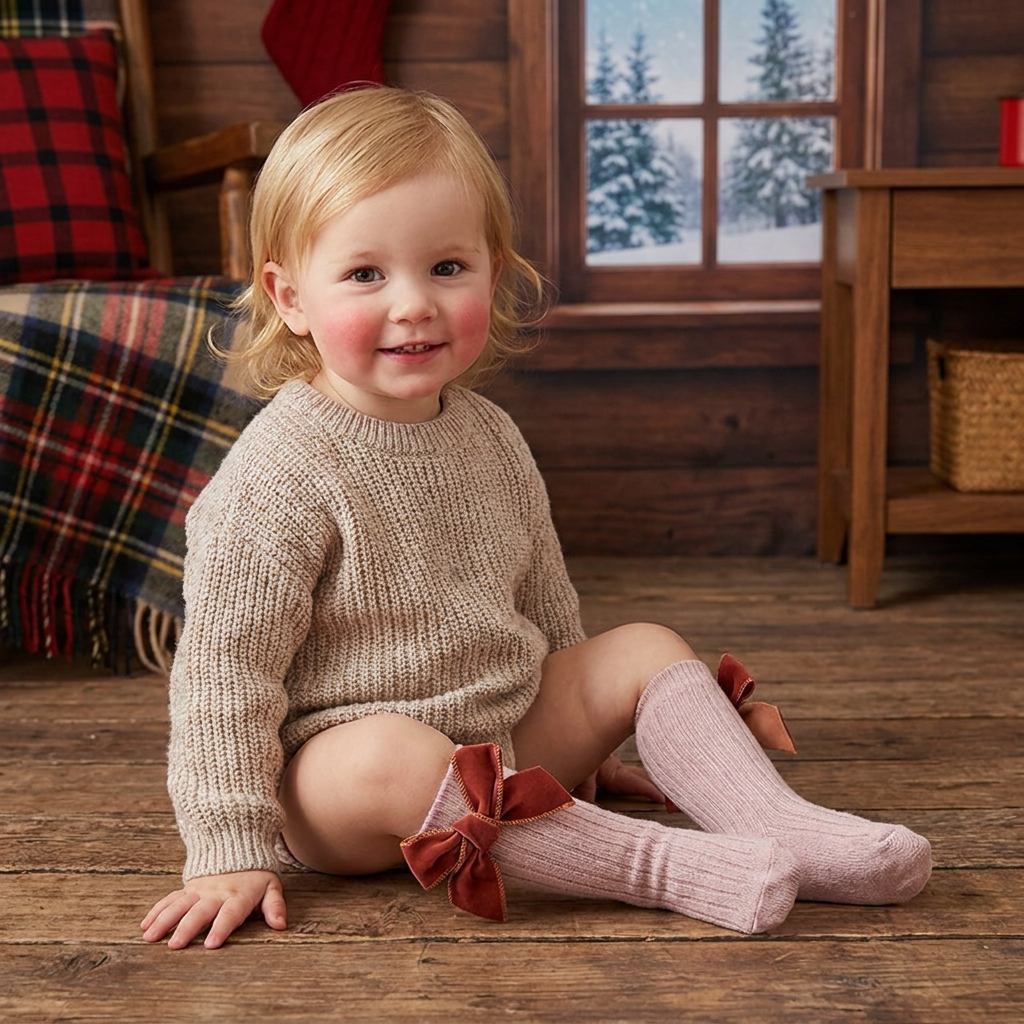Baby Girls’ Christmas Knee-High Socks with Velvet Bows