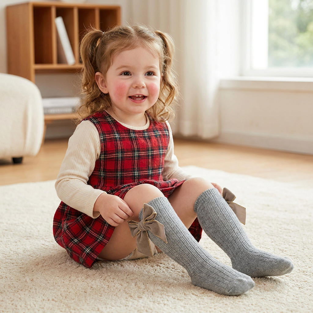 Baby Girls’ Christmas Knee-High Socks with Velvet Bows