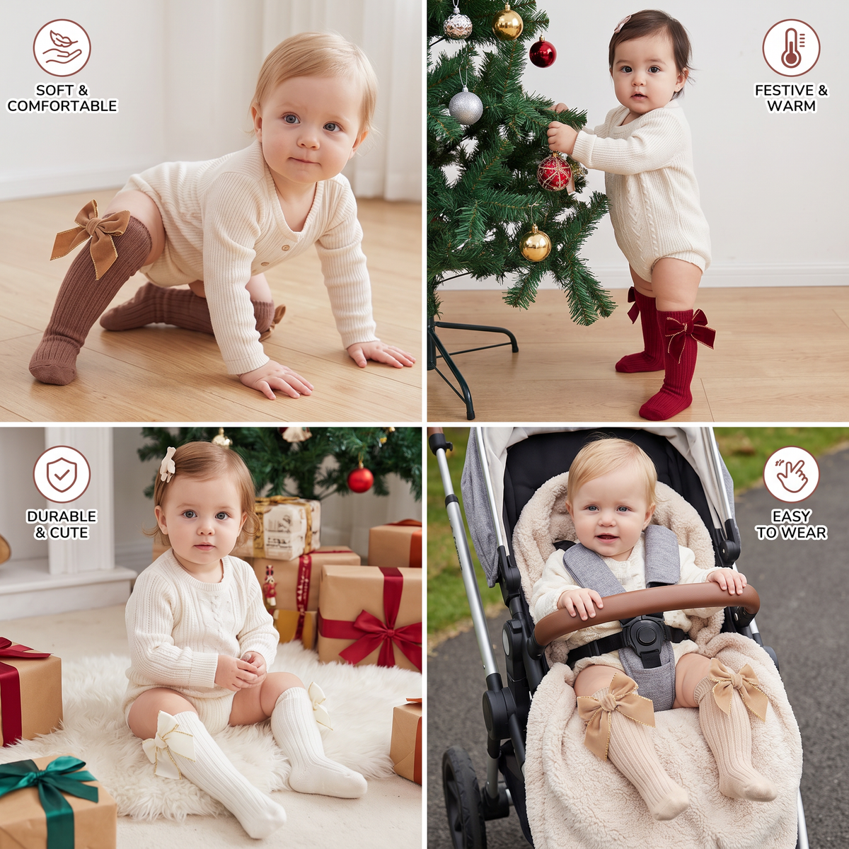 Baby Girls’ Christmas Knee-High Socks with Velvet Bows