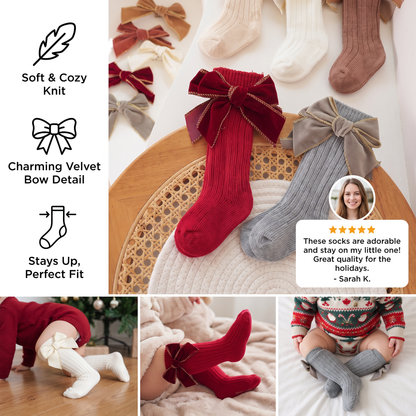 Baby Girls’ Christmas Knee-High Socks with Velvet Bows