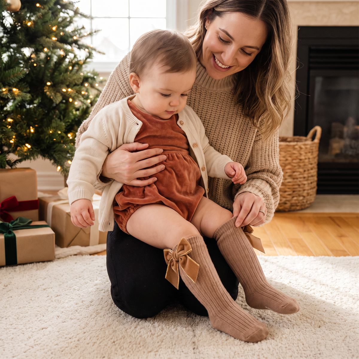 Baby Girls’ Christmas Knee-High Socks with Velvet Bows
