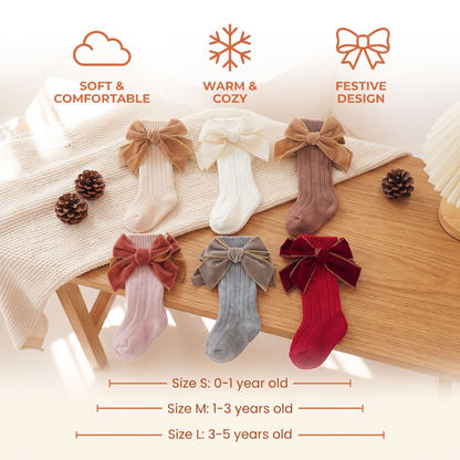 Baby Girls’ Christmas Knee-High Socks with Velvet Bows