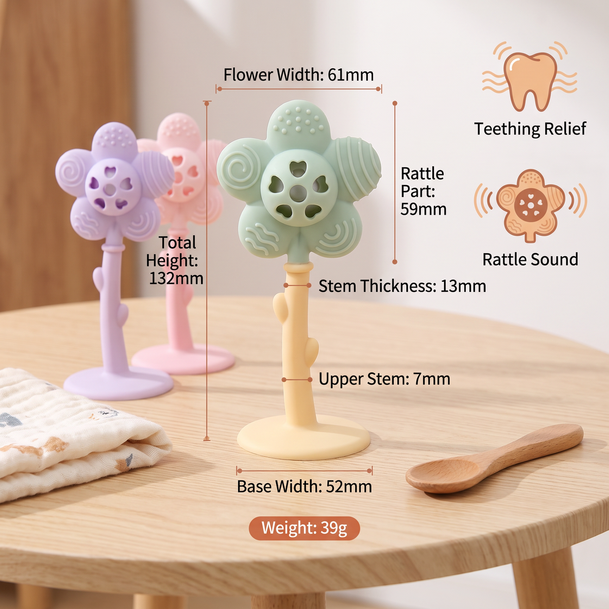 2-in-1 Sunflower Baby Teether & Rattle with Suction Base