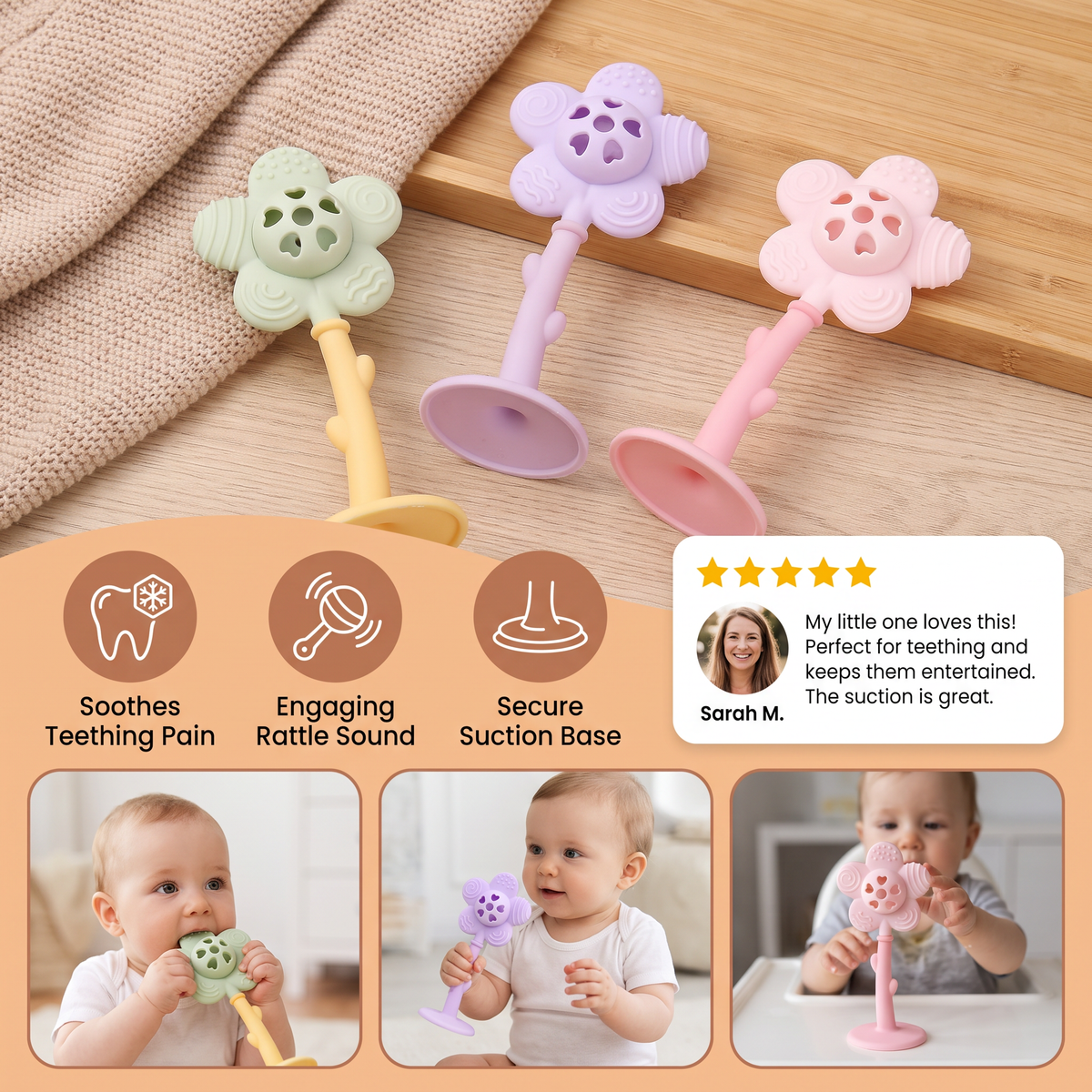 2-in-1 Sunflower Baby Teether & Rattle with Suction Base