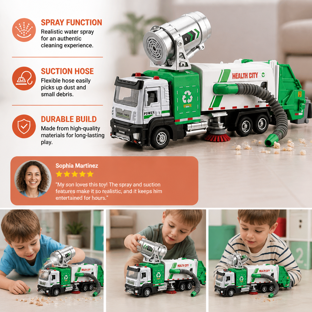 Die-Cast Street Sweeper Toy Truck with Vacuum Hose & Mist Spray