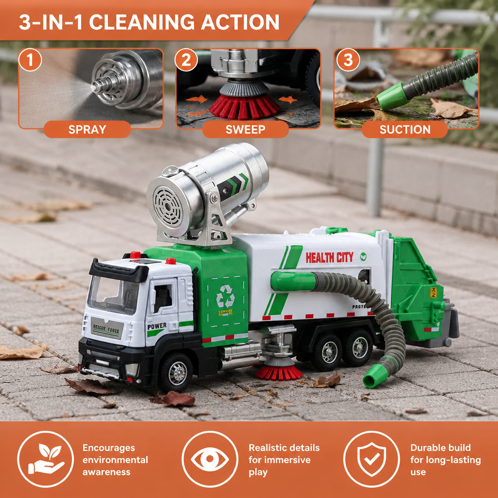 Die-Cast Street Sweeper Toy Truck with Vacuum Hose & Mist Spray