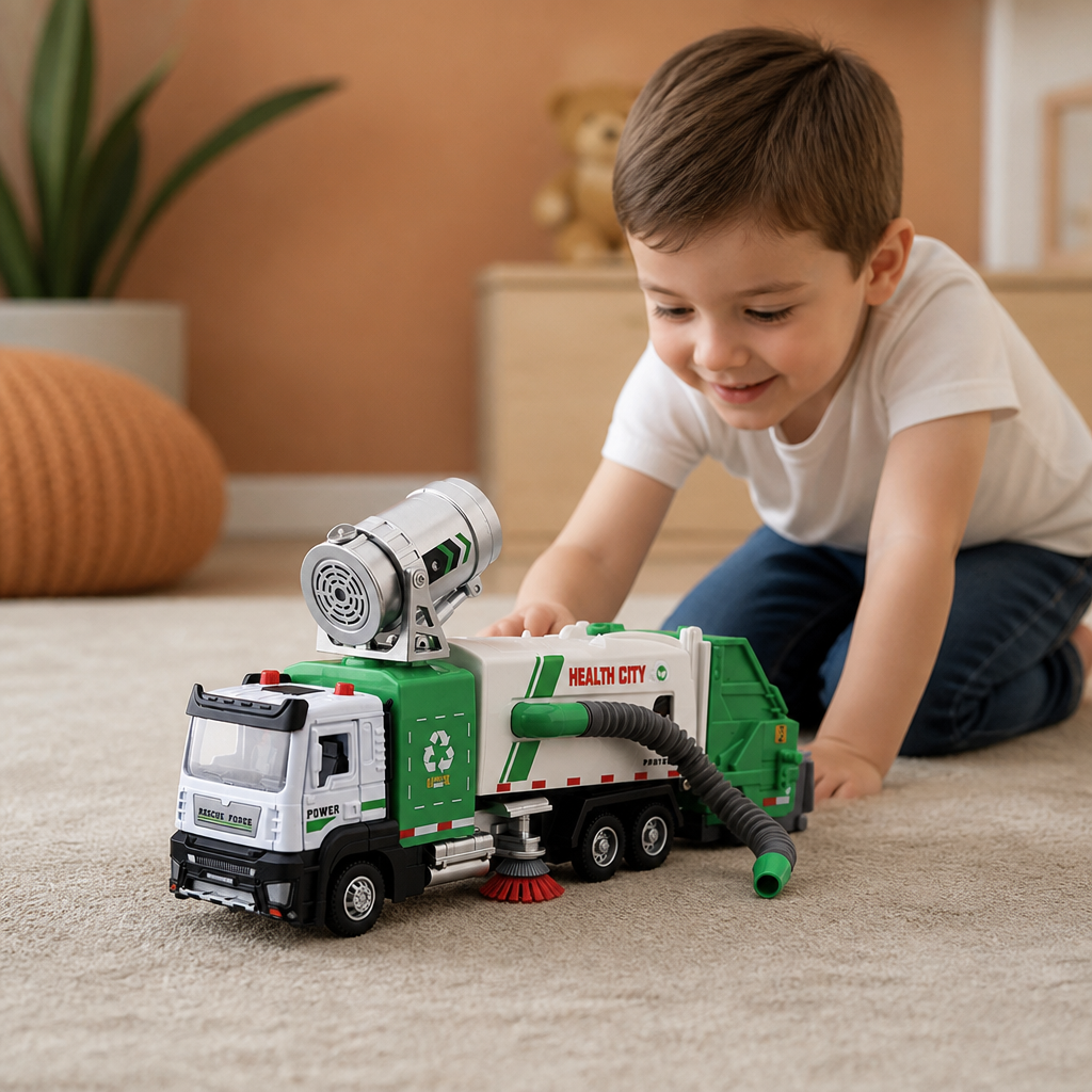 Die-Cast Street Sweeper Toy Truck with Vacuum Hose & Mist Spray