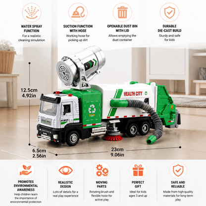 Die-Cast Street Sweeper Toy Truck with Vacuum Hose & Mist Spray