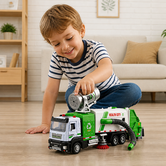 Die-Cast Street Sweeper Toy Truck with Vacuum Hose & Mist Spray