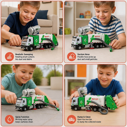 Die-Cast Street Sweeper Toy Truck with Vacuum Hose & Mist Spray