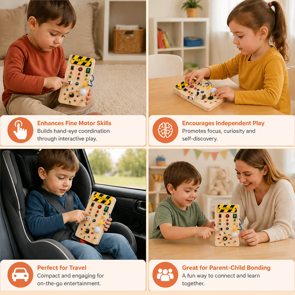 Montessori Wooden Sensory Board with Lights & Switches – Motor Skills Toy for Kids
