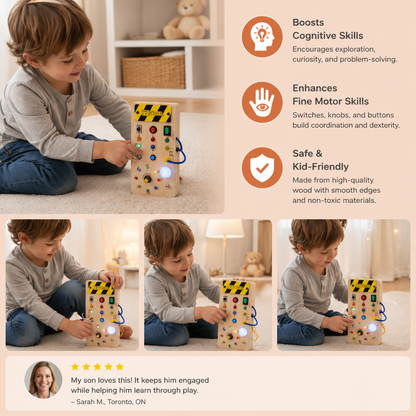 Montessori Wooden Sensory Board with Lights & Switches – Motor Skills Toy for Kids