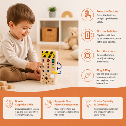 Montessori Wooden Sensory Board with Lights & Switches – Motor Skills Toy for Kids