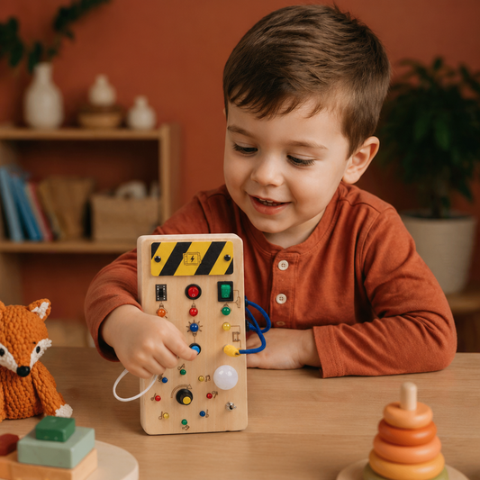 Montessori Wooden Sensory Board with Lights & Switches – Motor Skills Toy for Kids