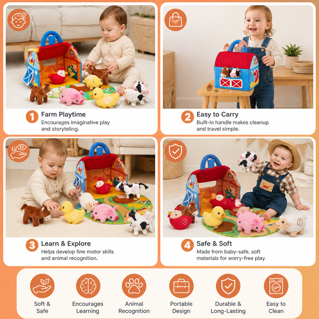Farm Plush Toy Playset – Interactive Educational Toy with Portable Playhouse