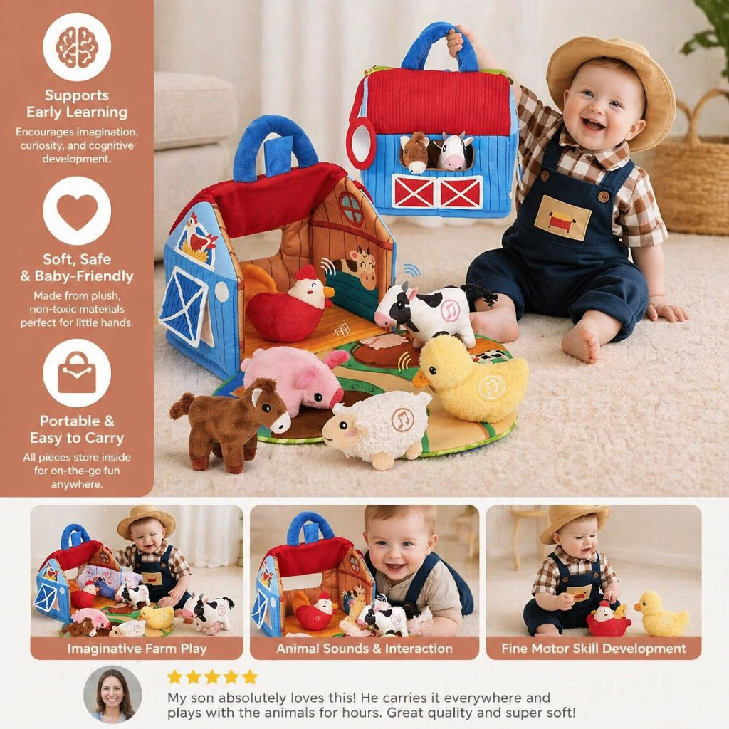 Farm Plush Toy Playset – Interactive Educational Toy with Portable Playhouse