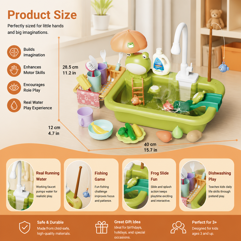 Kids Play Kitchen Sink Set with Running Water & Fishing Game