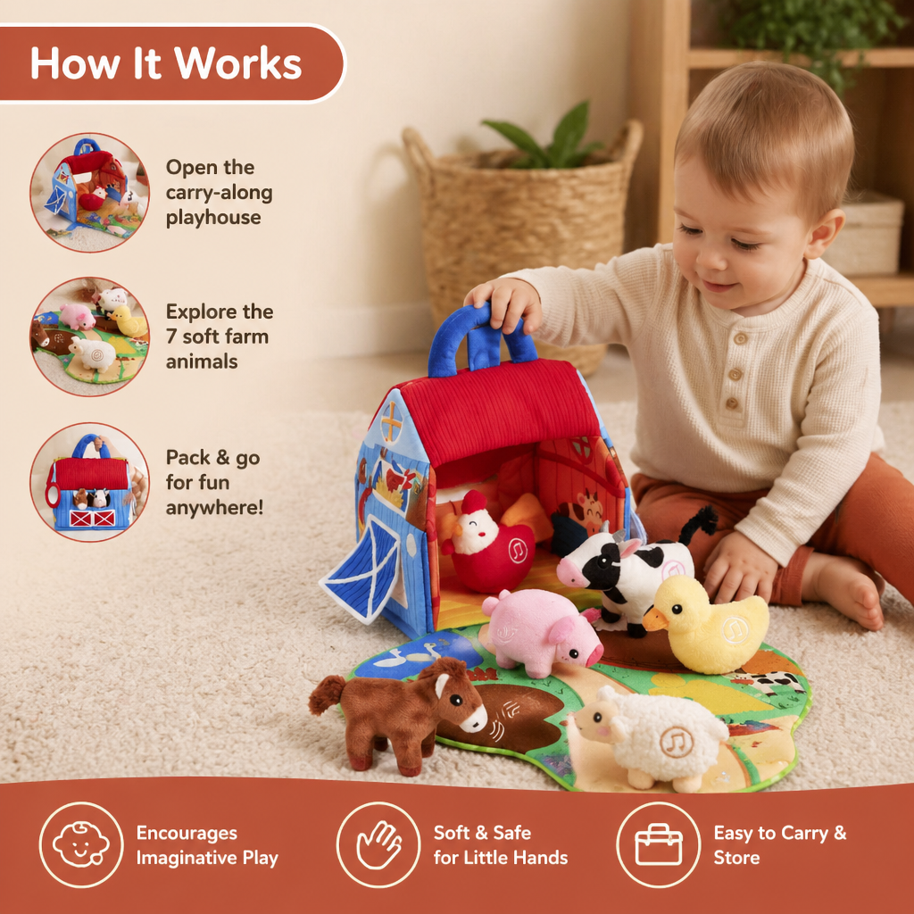 Farm Plush Toy Playset – Interactive Educational Toy with Portable Playhouse