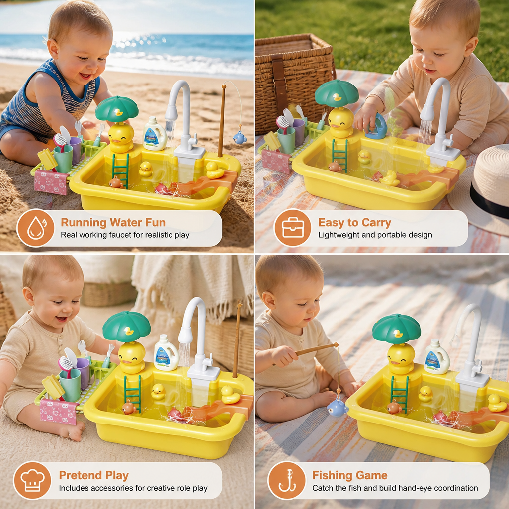 Kids Play Kitchen Sink Set with Running Water & Fishing Game