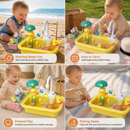 Kids Play Kitchen Sink Set with Running Water & Fishing Game