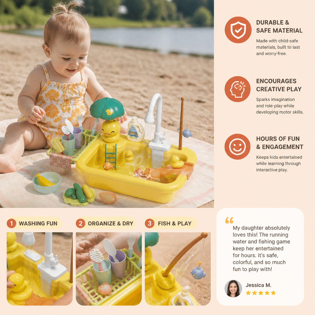 Kids Play Kitchen Sink Set with Running Water & Fishing Game