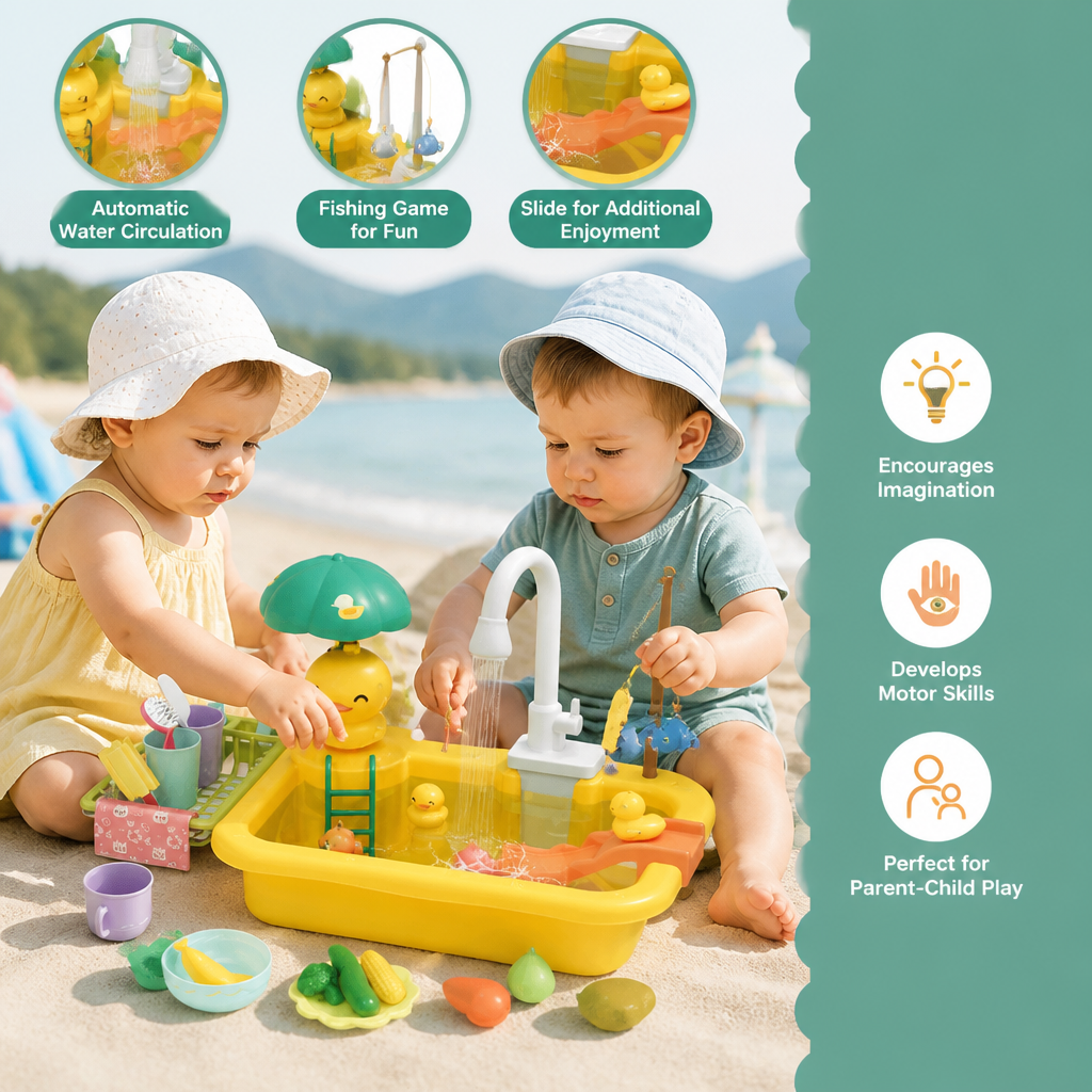 Kids Play Kitchen Sink Set with Running Water & Fishing Game