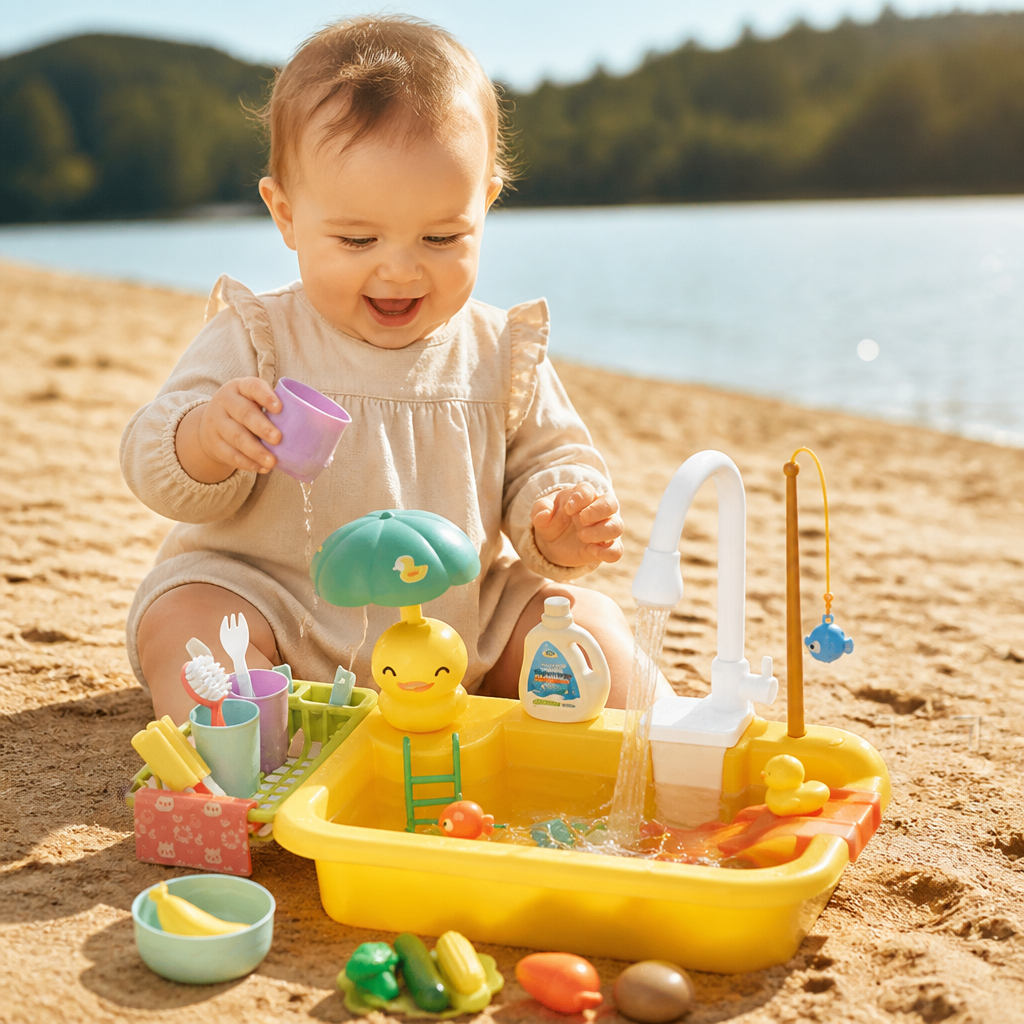 Kids Play Kitchen Sink Set with Running Water & Fishing Game
