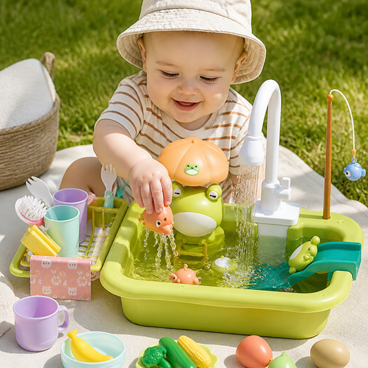 Kids Play Kitchen Sink Set with Running Water & Fishing Game