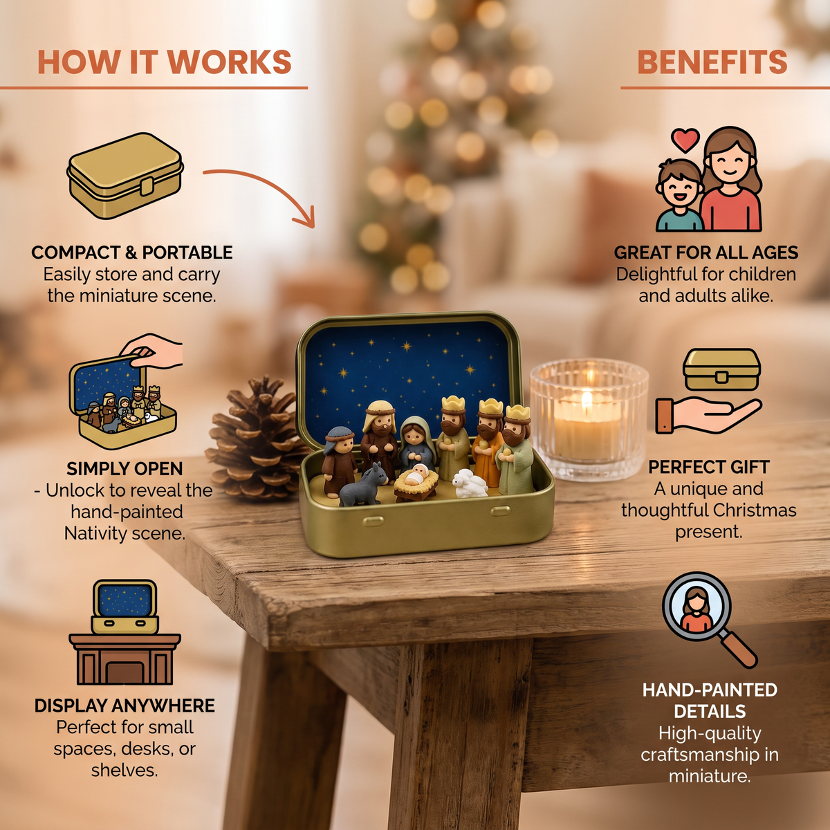 Mini Christmas Nativity Scene in a Box – Hand-Painted Nativity Figure Set