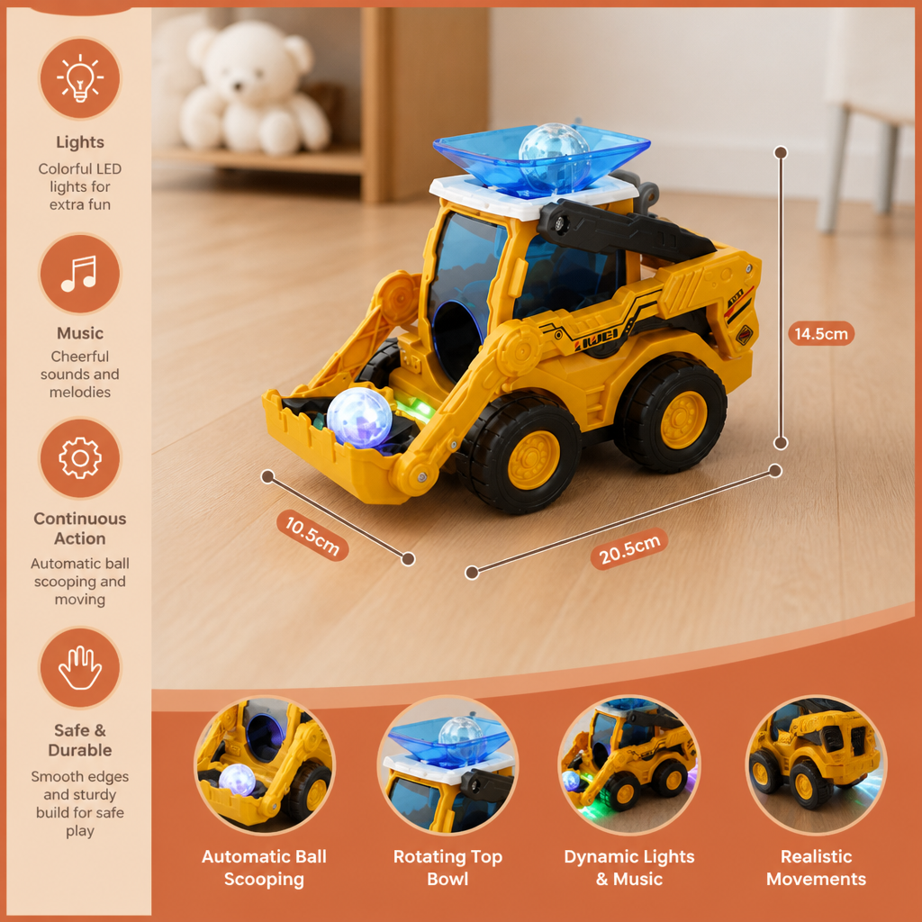 Musical Light-Up Excavator Toy with Continuous Ball Scooping Action