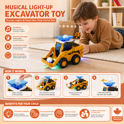 Musical Light-Up Excavator Toy with Continuous Ball Scooping Action