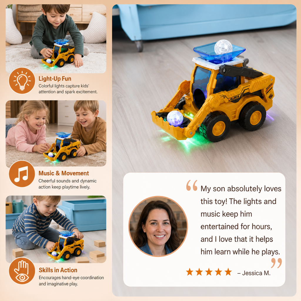 Musical Light-Up Excavator Toy with Continuous Ball Scooping Action