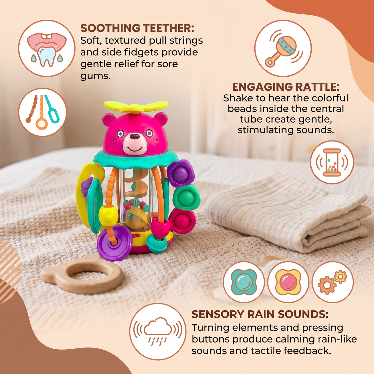 3-in-1 Multisensory Teething Toy with Pull Strings, Rattle & Rain Sounds for Babies