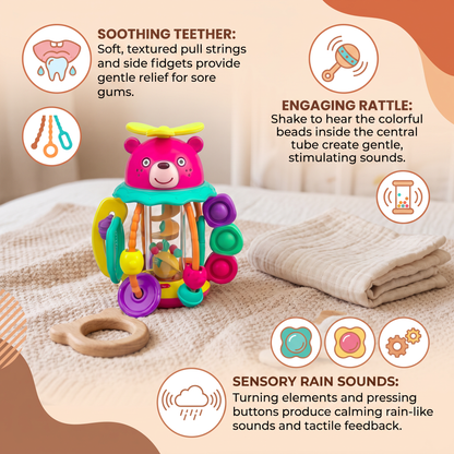 3-in-1 Multisensory Teething Toy with Pull Strings, Rattle & Rain Sounds for Babies