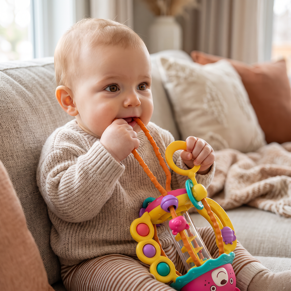 3-in-1 Multisensory Teething Toy with Pull Strings, Rattle & Rain Sounds for Babies