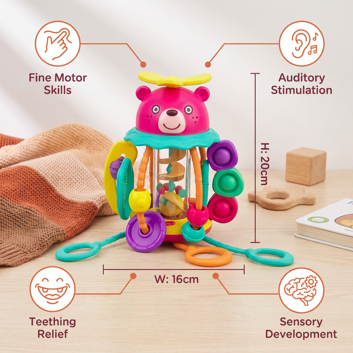 3-in-1 Multisensory Teething Toy with Pull Strings, Rattle & Rain Sounds for Babies