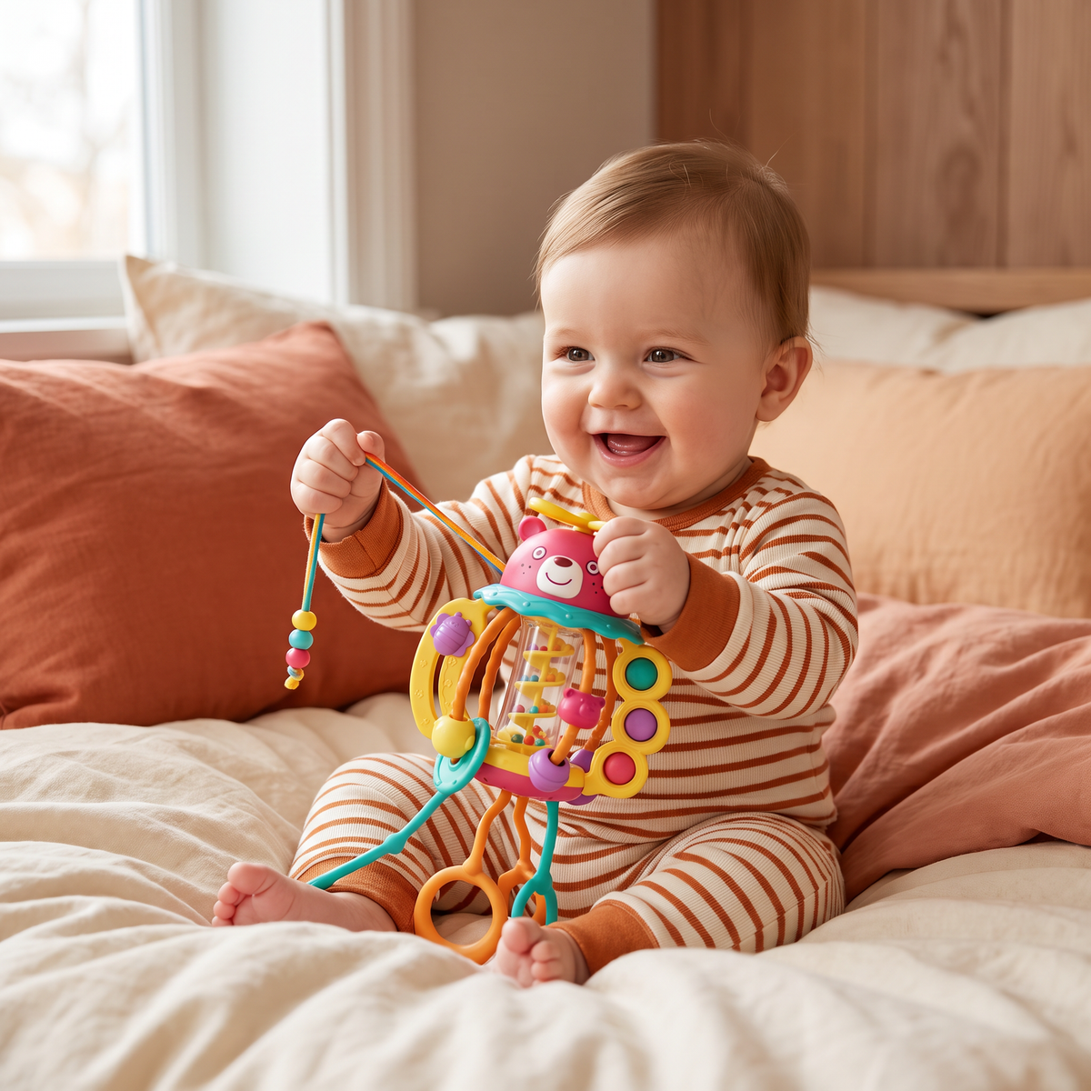 3-in-1 Multisensory Teething Toy with Pull Strings, Rattle & Rain Sounds for Babies