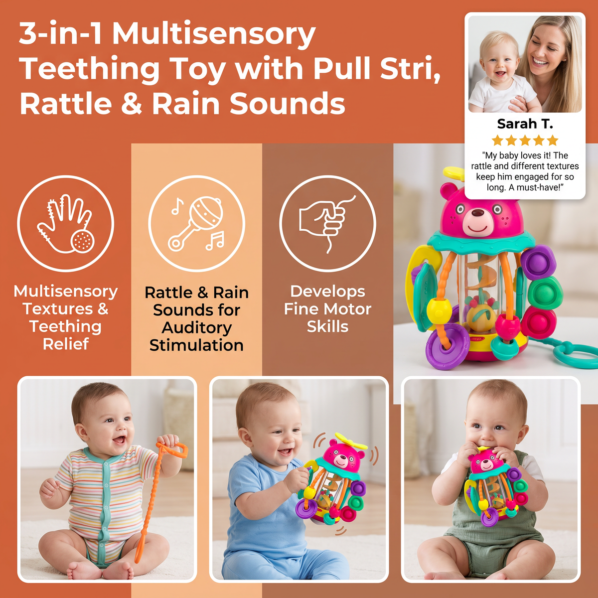 3-in-1 Multisensory Teething Toy with Pull Strings, Rattle & Rain Sounds for Babies