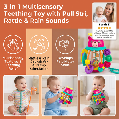 3-in-1 Multisensory Teething Toy with Pull Strings, Rattle & Rain Sounds for Babies