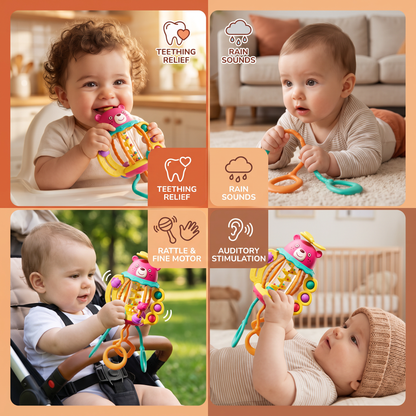 3-in-1 Multisensory Teething Toy with Pull Strings, Rattle & Rain Sounds for Babies