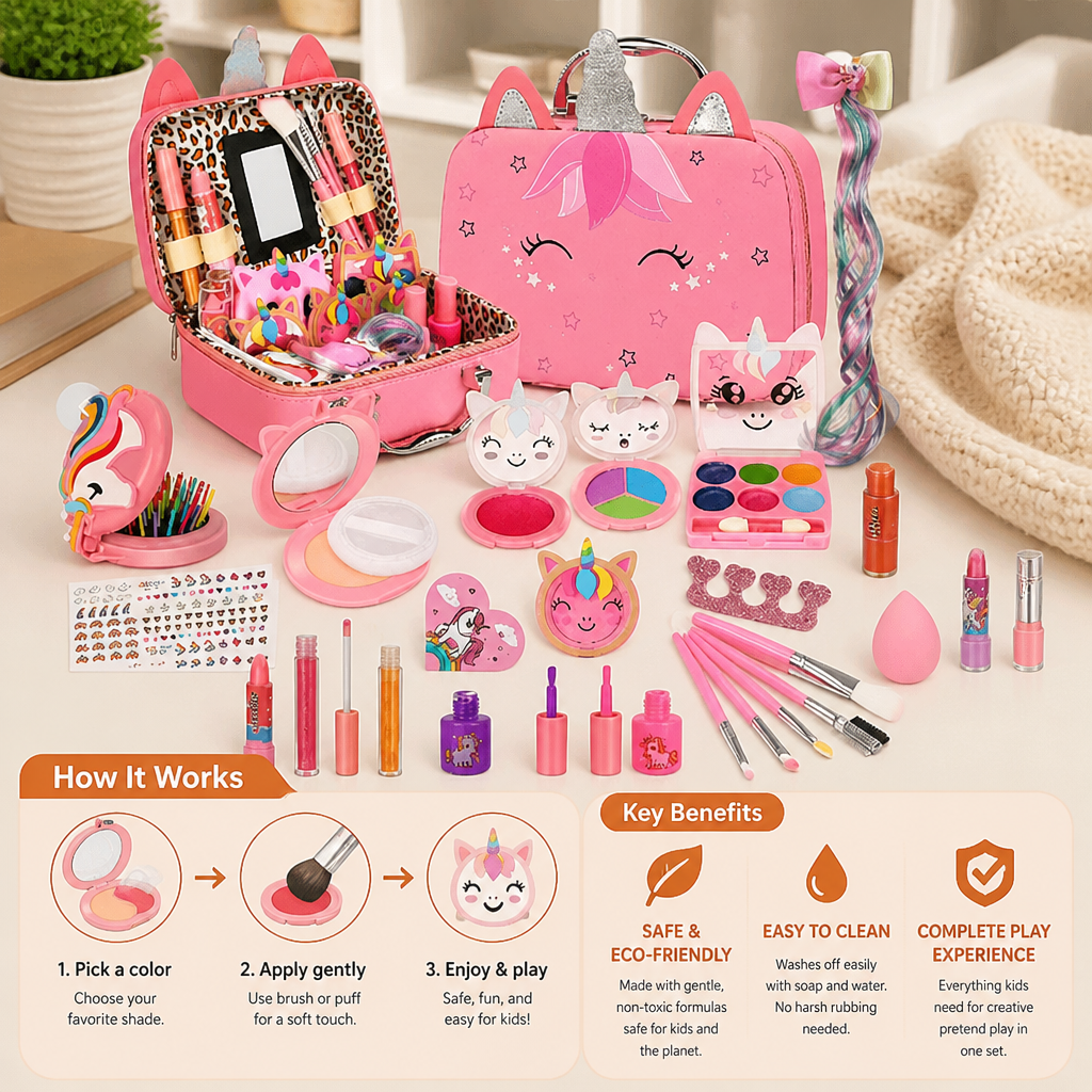 Kids’ Eco-Friendly & Easy-to-Wash Princess Makeup Kit with Cosmetic Bag