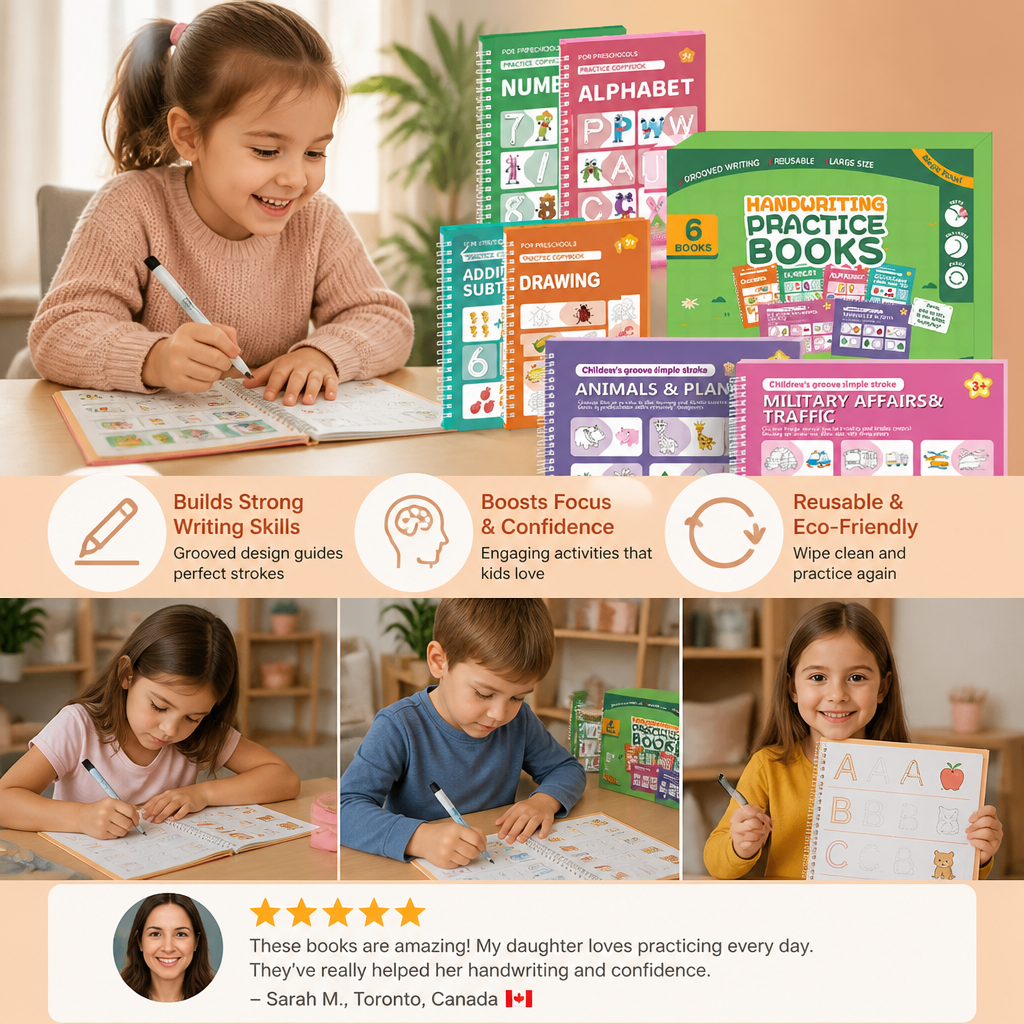 Reusable Grooved Handwriting Practice Books for Kids – 6-Piece Tracing & Writing Set