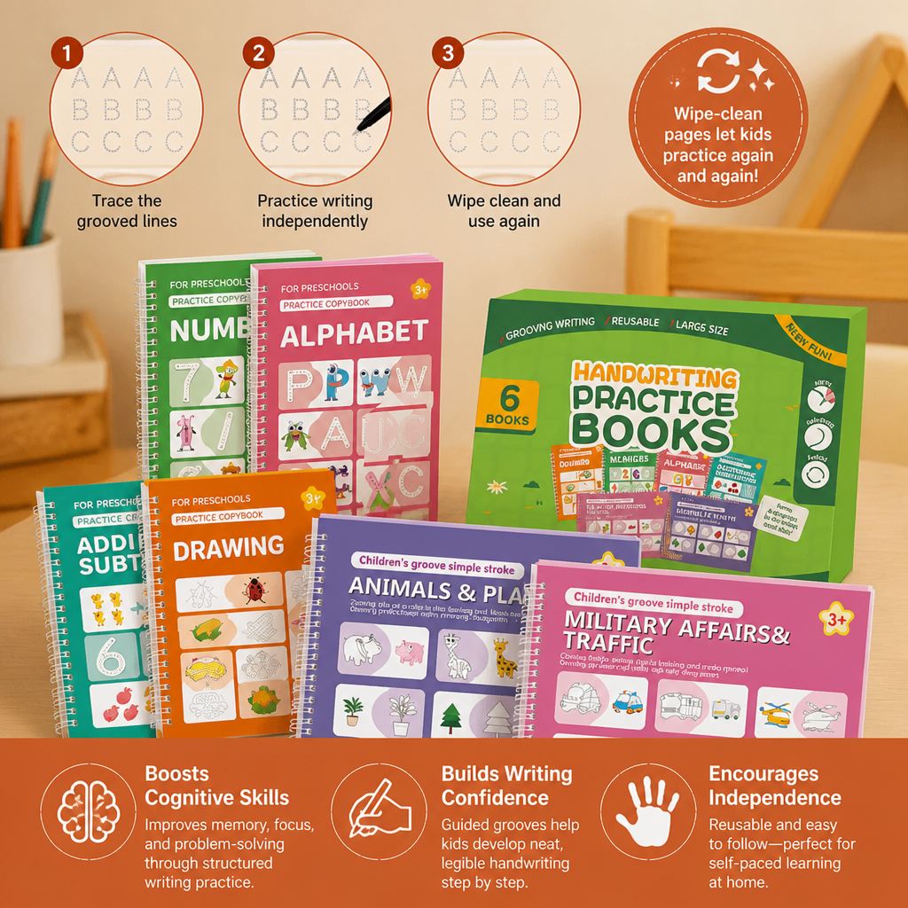 Reusable Grooved Handwriting Practice Books for Kids – 6-Piece Tracing & Writing Set