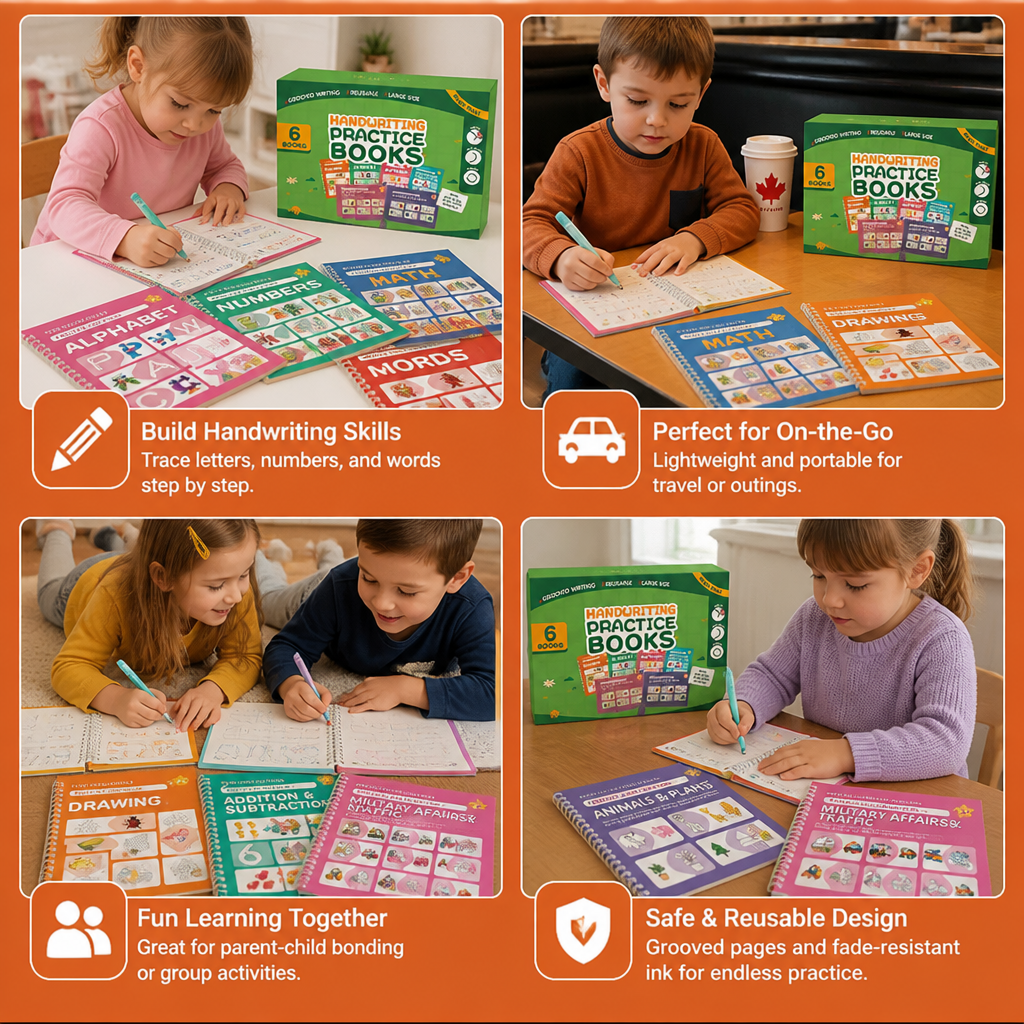 Reusable Grooved Handwriting Practice Books for Kids – 6-Piece Tracing & Writing Set