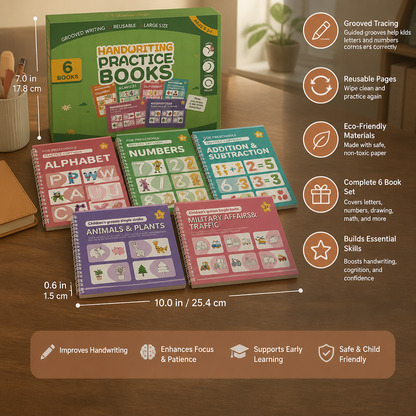 Reusable Grooved Handwriting Practice Books for Kids – 6-Piece Tracing & Writing Set